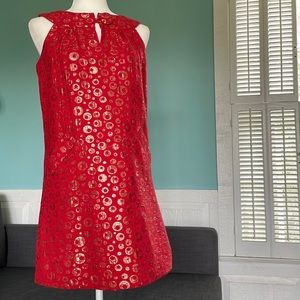 BB Dakota 1960’s Atomic Go-Go Inspired Groovy Red Sheath Dress w/Gold Bu…